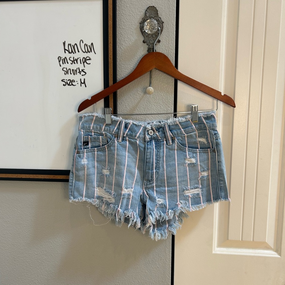 KanCan Distressed Blue Pinstripe Jean Shorts